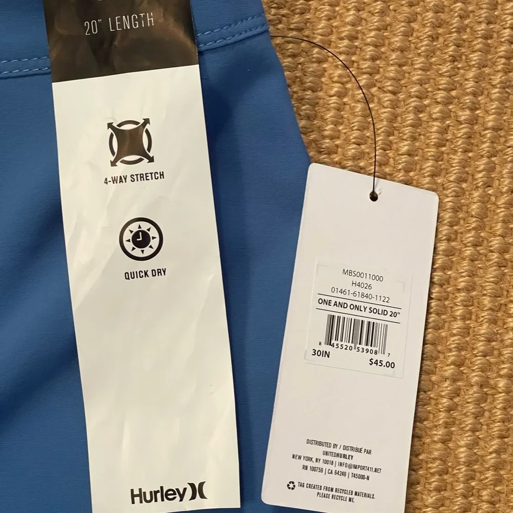 Hurley Men's Bright Blue Board Shorts with White Drawstring